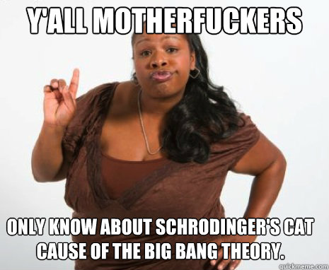 Y'ALL MOTHERFUCKERS only know about Schrodinger's cat cause of the big bang theory.  Angry Black Lady