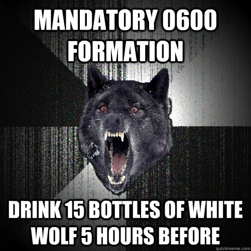 mandatory 0600 formation drink 15 bottles of white wolf 5 hours before  Insanity Wolf