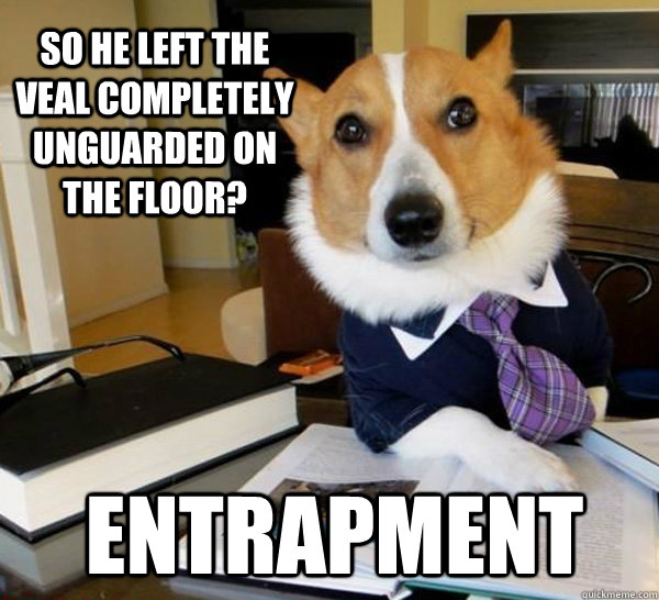 SO HE left the veal completely unguarded on the floor? ENTRAPMENT - SO HE left the veal completely unguarded on the floor? ENTRAPMENT  Lawyer Dog