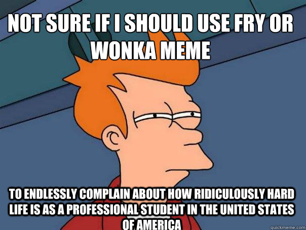 not sure if I should use fry or wonka meme to endlessly complain about how ridiculously hard life is as a professional student in the united states of america  Futurama Fry
