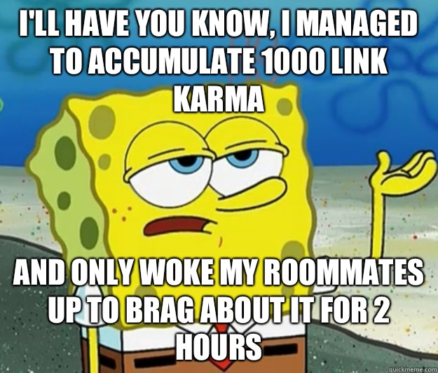 I'll have you know, I managed to accumulate 1000 link karma And only woke my roommates up to brag about it for 2 hours  Tough Spongebob