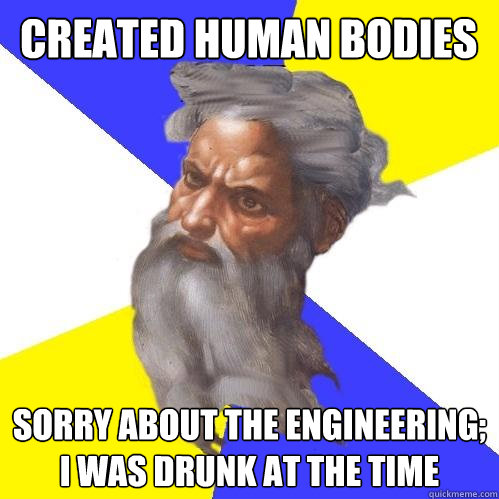  CREATED HUMAN BODIES SORRY ABOUT THE ENGINEERING; I WAS DRUNK AT THE TIME  Advice God