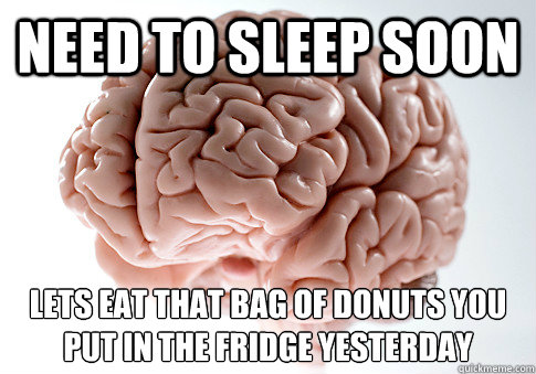 Need to sleep soon Lets eat that bag of donuts you put in the fridge yesterday   Scumbag Brain