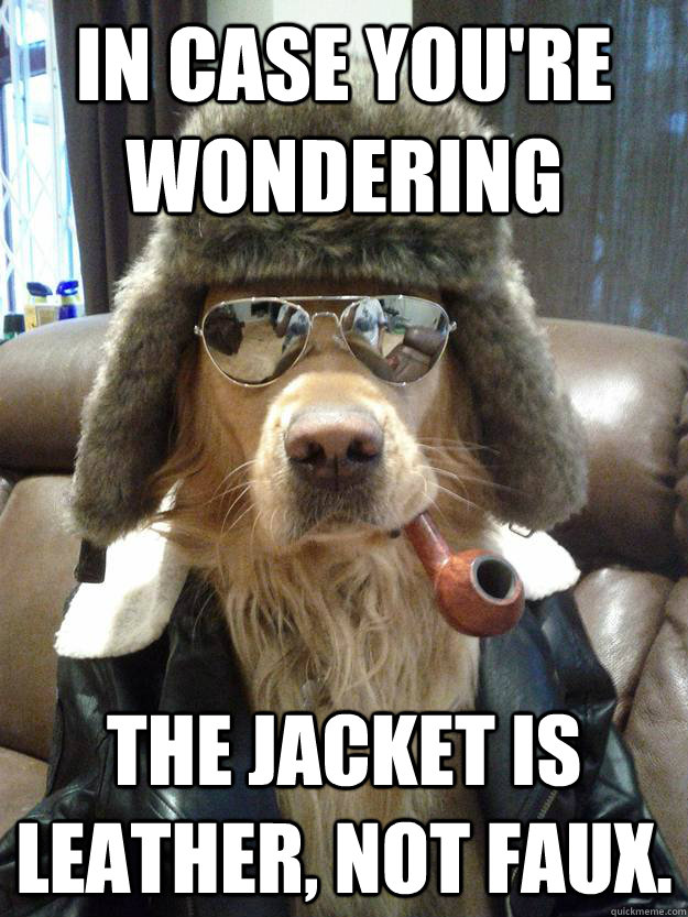 in case you're wondering the jacket is leather, not faux. - in case you're wondering the jacket is leather, not faux.  Overly Suave Dog