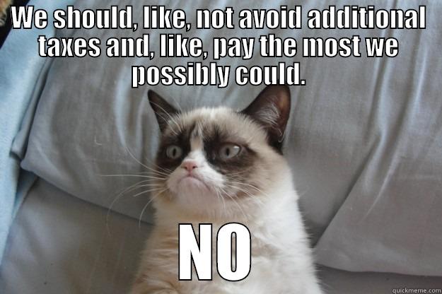 WE SHOULD, LIKE, NOT AVOID ADDITIONAL TAXES AND, LIKE, PAY THE MOST WE POSSIBLY COULD. NO Grumpy Cat