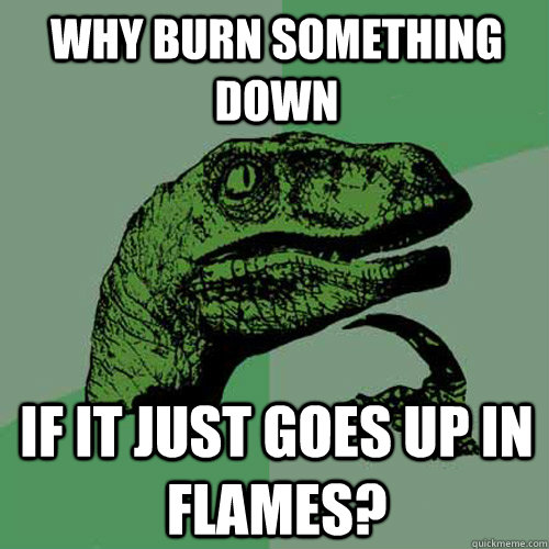 why burn something down if it just goes up in flames?  Philosoraptor