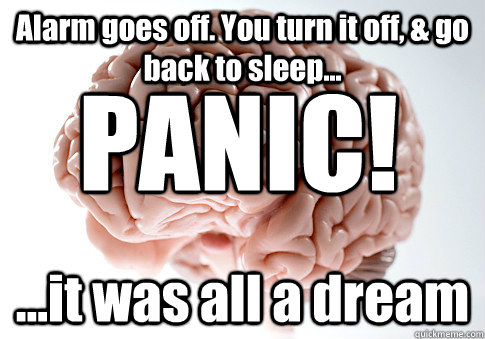 Alarm goes off. You turn it off, & go back to sleep... ...it was all a dream PANIC! - Alarm goes off. You turn it off, & go back to sleep... ...it was all a dream PANIC!  Scumbag Brain