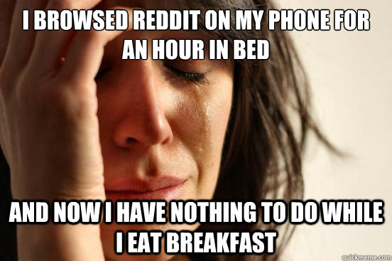 i browsed reddit on my phone for an hour in bed and now i have nothing to do while i eat breakfast  First World Problems