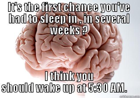 Sleep in - IT'S THE FIRST CHANCE YOU'VE HAD TO SLEEP IN , IN SEVERAL WEEKS ? I THINK YOU SHOULD WAKE UP AT 5:30 AM.      Scumbag Brain