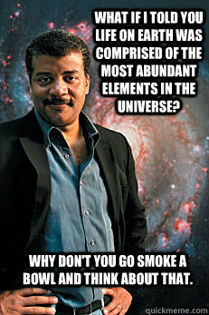 What if I told you life on earth was comprised of the most abundant elements in the universe? why don't you go smoke a bowl and think about that. - What if I told you life on earth was comprised of the most abundant elements in the universe? why don't you go smoke a bowl and think about that.  Neil deGrasse Tyson