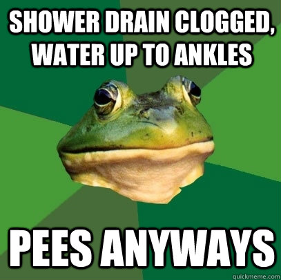 Shower drain clogged, water up to ankles pees anyways  Foul Bachelor Frog