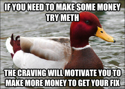 if you need to make some money try meth the craving will motivate you to make more money to get your fix  Malicious Advice Mallard