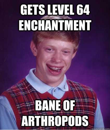 Gets level 64 enchantment Bane of Arthropods  Bad Luck Brian