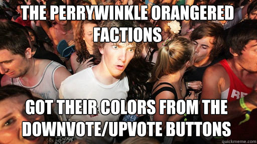 The Perrywinkle OrangeRed factions Got their colors from the downvote/upvote buttons - The Perrywinkle OrangeRed factions Got their colors from the downvote/upvote buttons  Sudden Clarity Clarence