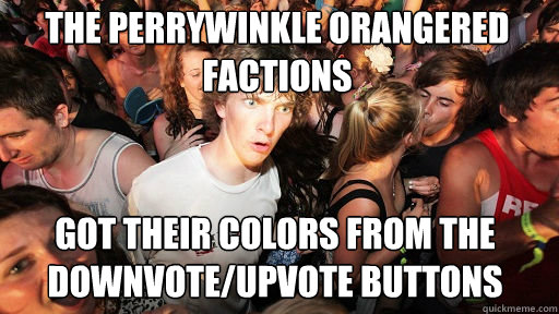 The Perrywinkle OrangeRed factions Got their colors from the downvote/upvote buttons  Sudden Clarity Clarence