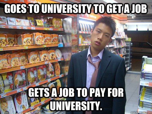 Goes to university to get a job  Gets a job to pay for university.  Disenchanted Young Professional