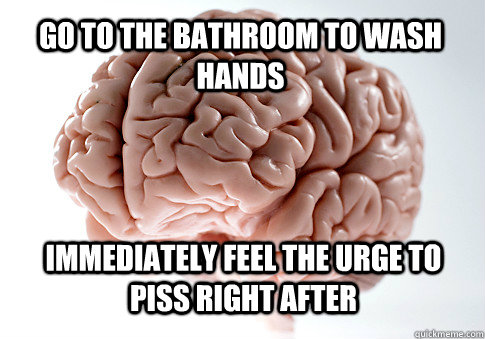 go to the bathroom to wash hands immediately feel the urge to piss right after  Scumbag Brain