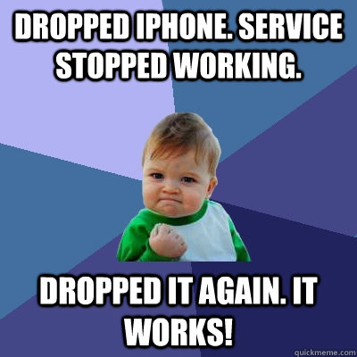 dropped iphone. service stopped working. dropped it again. it works!  Success Kid