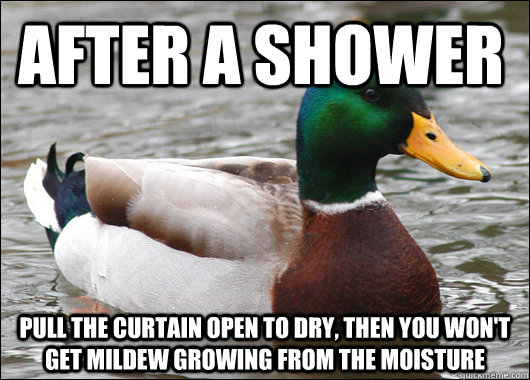 After a Shower Pull the curtain open to dry, then you won't get mildew growing from the moisture   Actual Advice Mallard