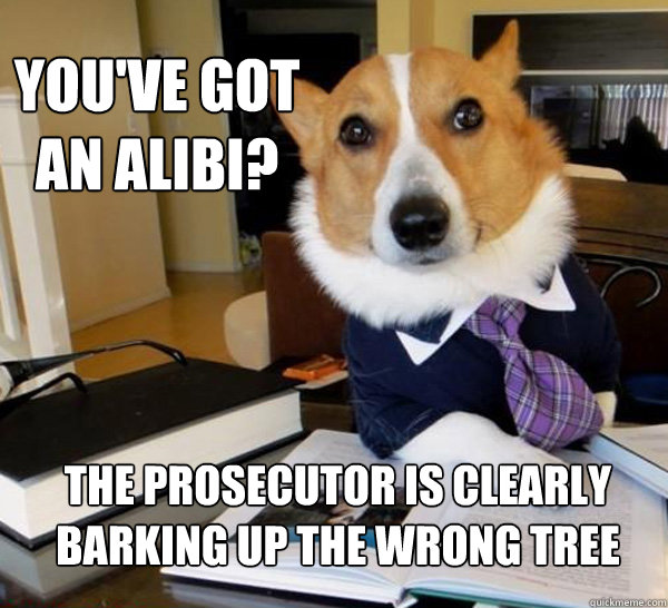you've got an alibi? the prosecutor is clearly barking up the wrong tree  Lawyer Dog