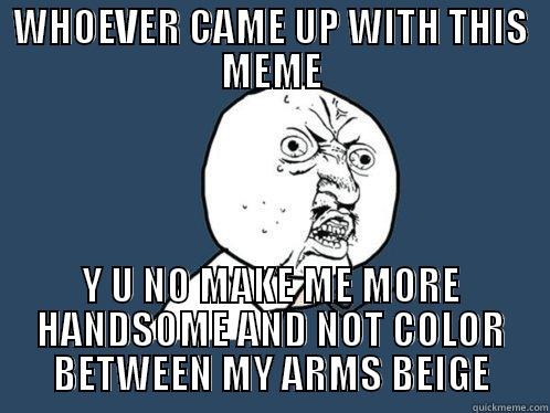 WHOEVER CAME UP WITH THIS MEME Y U NO MAKE ME MORE HANDSOME AND NOT COLOR BETWEEN MY ARMS BEIGE Y U No