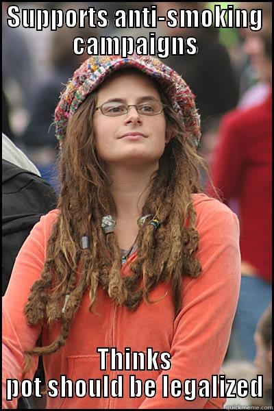 SUPPORTS ANTI-SMOKING CAMPAIGNS THINKS POT SHOULD BE LEGALIZED College Liberal