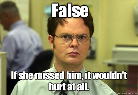 False If she missed him, it wouldn't hurt at all. - False If she missed him, it wouldn't hurt at all.  Misc