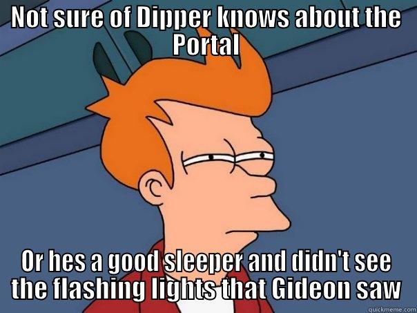 NOT SURE OF DIPPER KNOWS ABOUT THE PORTAL OR HES A GOOD SLEEPER AND DIDN'T SEE THE FLASHING LIGHTS THAT GIDEON SAW Futurama Fry
