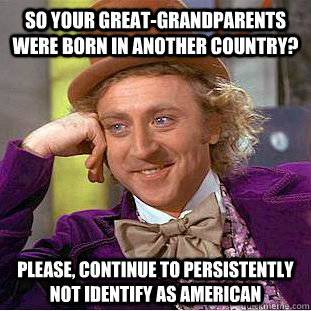 So your great-grandparents were born in another country? Please, continue to persistently not identify as American - So your great-grandparents were born in another country? Please, continue to persistently not identify as American  Condescending Wonka