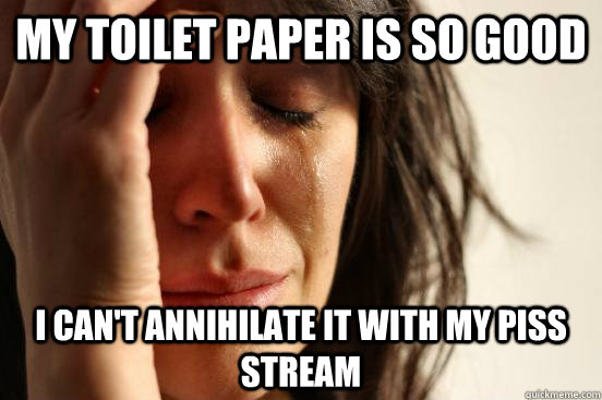 my toilet paper is so good i can't annihilate it with my piss stream  First World Problems