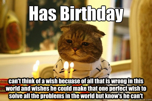 Has Birthday can't think of a wish becuase of all that is wrong in this world and wishes he could make that one perfect wish to solve all the problems in the world but know's he can't  