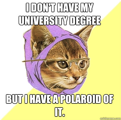 I don't have my university degree but i have a Polaroid of it.  Hipster Kitty