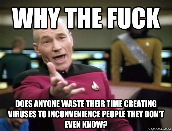 why the fuck does anyone waste their time creating viruses to inconvenience people they don't even know?  Annoyed Picard HD