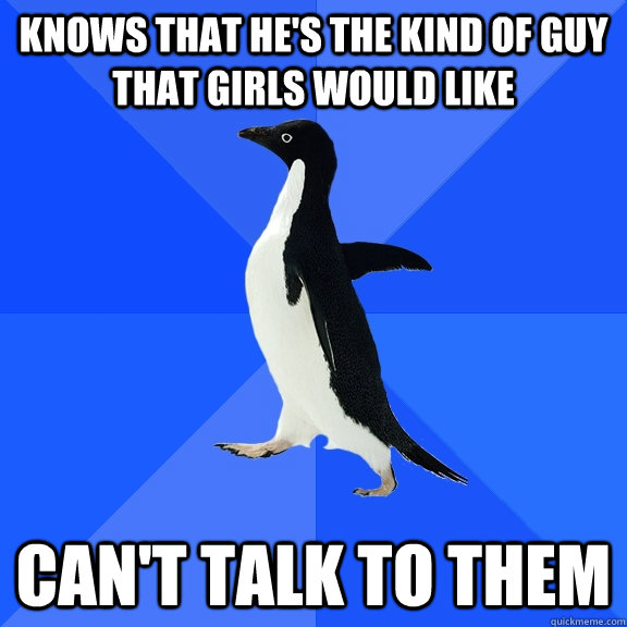 Knows that he's the kind of guy that girls would like Can't talk to them  Socially Awkward Penguin
