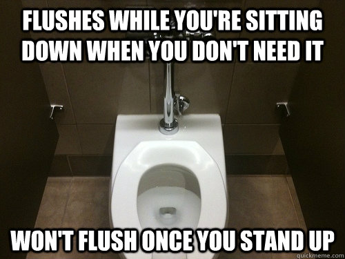 Flushes while you're sitting down when you don't need it Won't flush once you stand up - Flushes while you're sitting down when you don't need it Won't flush once you stand up  Scumbag Automatic Toilet
