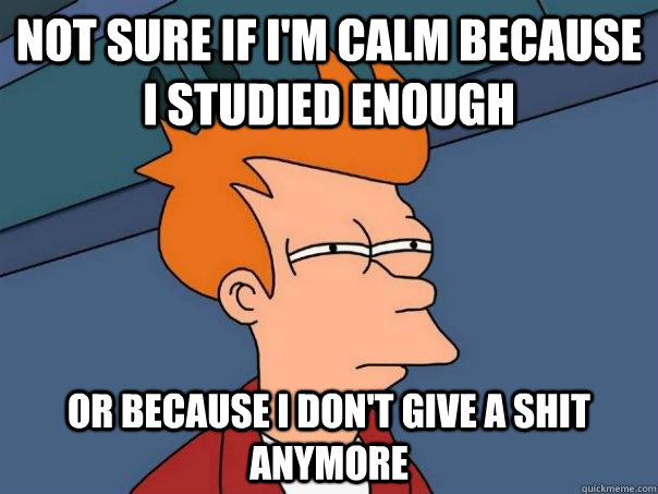 Not sure if i'm calm because i studied enough or because i don't give a shit anymore - Not sure if i'm calm because i studied enough or because i don't give a shit anymore  Futurama Fry