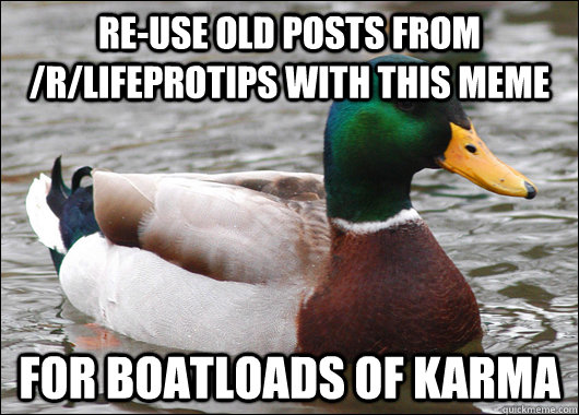 re-use old posts from /r/lifeprotips with this meme for boatloads of karma  Actual Advice Mallard