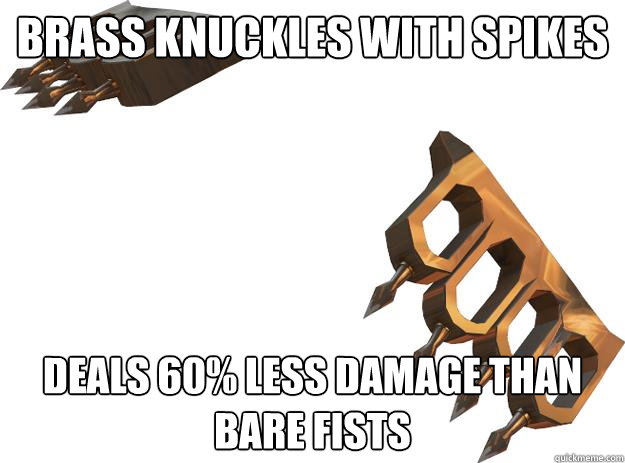 brass knuckles with spikes deals 60% less damage than bare fists - brass knuckles with spikes deals 60% less damage than bare fists  Misc