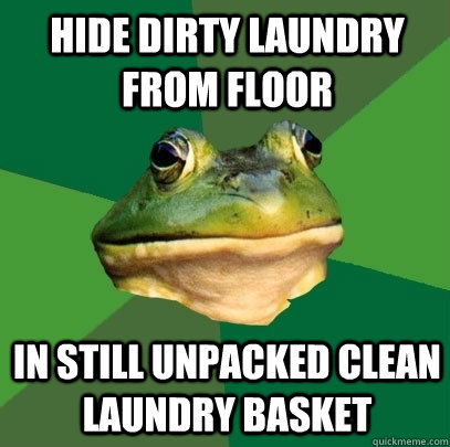 Hide dirty laundry from floor In still unpacked clean laundry basket  Foul Bachelor Frog