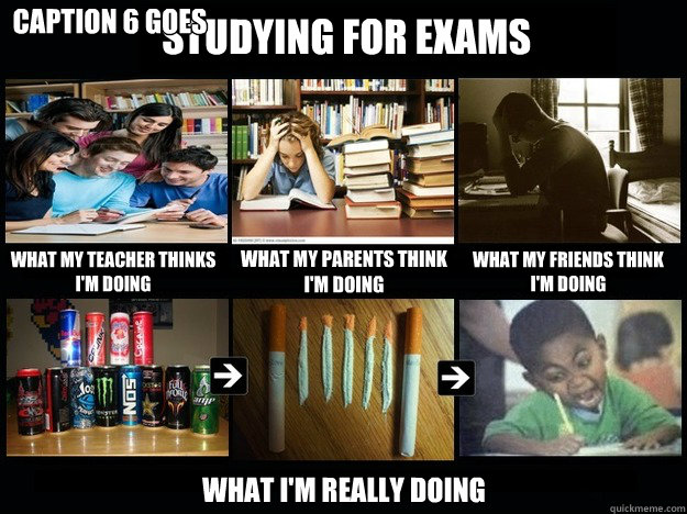 Studying for Exams What my teacher thinks I'm doing What my parents think I'm doing What my friends think I'm doing what i'm really doing Caption 6 goes here  