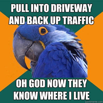 Pull into driveway and back up traffic Oh god now they know where i live  Paranoid Parrot