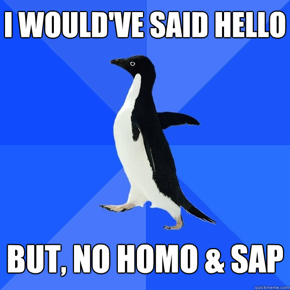 i would've said hello  but, no homo & sap  Socially Awkward Penguin