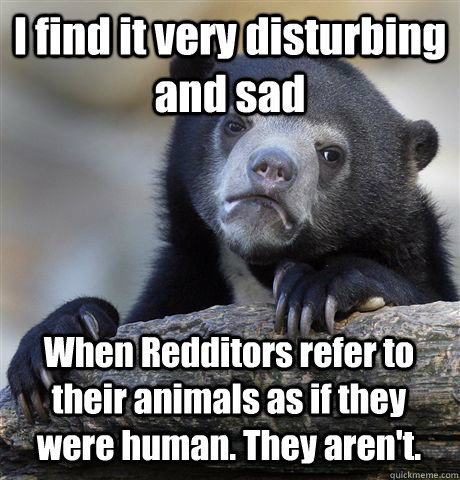 I find it very disturbing and sad When Redditors refer to their animals as if they were human. They aren't. - I find it very disturbing and sad When Redditors refer to their animals as if they were human. They aren't.  Confession Bear