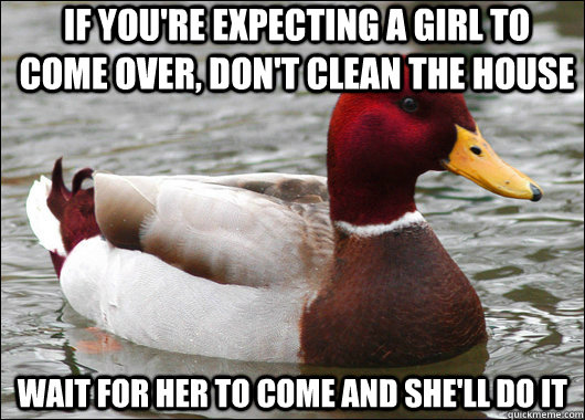 If you're expecting a girl to come over, don't clean the house wait for her to come and she'll do it - If you're expecting a girl to come over, don't clean the house wait for her to come and she'll do it  Malicious Advice Mallard