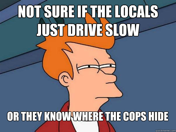 Not sure if the locals just drive slow Or they know where the cops hide  Futurama Fry