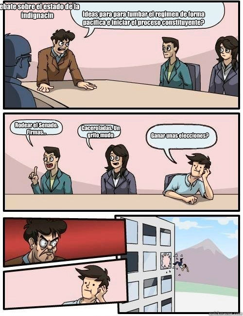 Ideas para para tumbar el regimen de forma pacifica e iniciar el proceso constituyente? Rodear el Senado. Firmas... Caceroladas. Un grito mudo Ganar unas elecciones? Debate sobre el estado de la indignación  Boardroom Suggestion