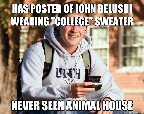 Has poster of john Belushi wearing 