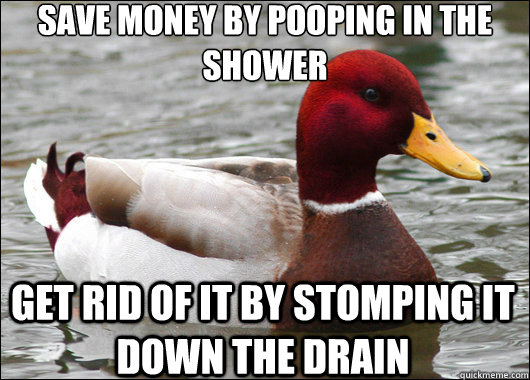 Save money by pooping in the shower
 get rid of it by stomping it down the drain  Malicious Advice Mallard