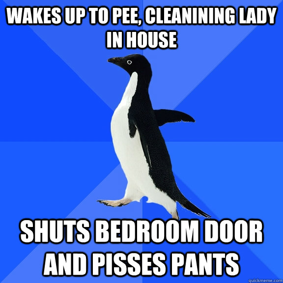 Wakes up to pee, cleanining lady in house Shuts bedroom door and pisses pants  Socially Awkward Penguin