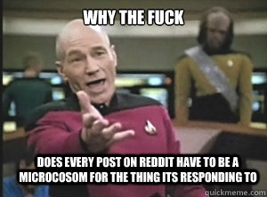 why the fuck does every post on reddit have to be a microcosom for the thing its responding to  Annoyed Picard